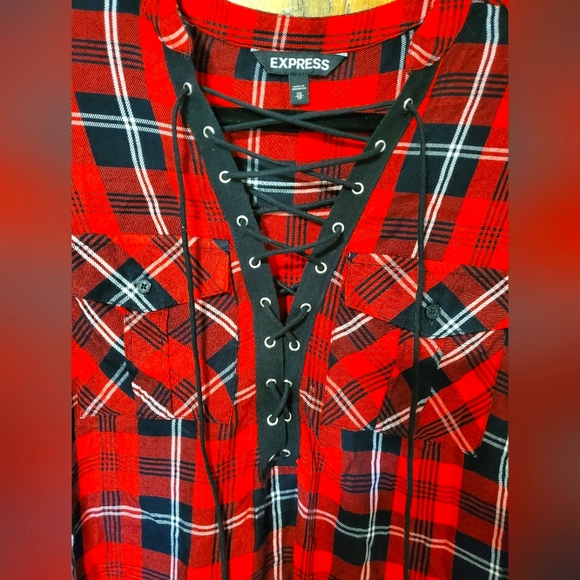 EXPRESS Buffalo Plaid Lace Tie up Long Sleeve Top XSMALL V Neck Red Black - Picture 3 of 10